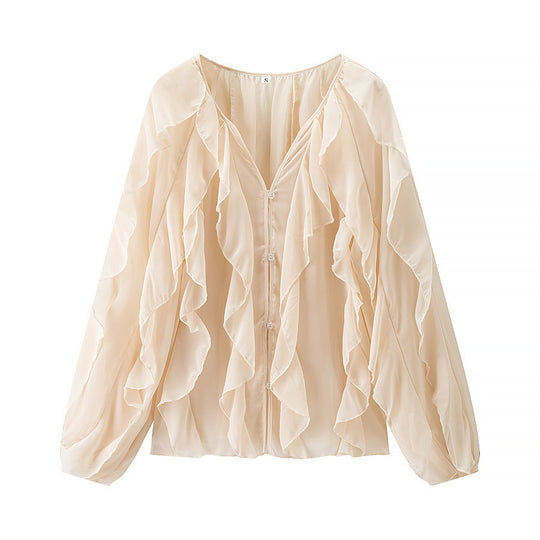 Damen Voluminöse Chiffonbluse mit mehrlagigen Volants und Knopfverschluss Shop Nory