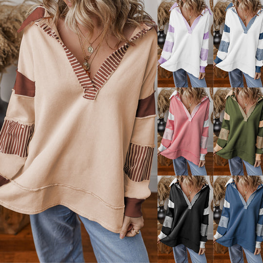 Damen Oversize Sweatshirt mit V-Ausschnitt, gestreiften Ärmelaufsätzen und Kontrastdetails Shop Nory