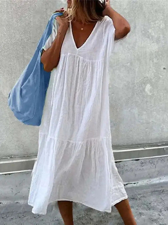 Damen lässiges Sommerkleid mit V-Ausschnitt und voluminösem Rock
