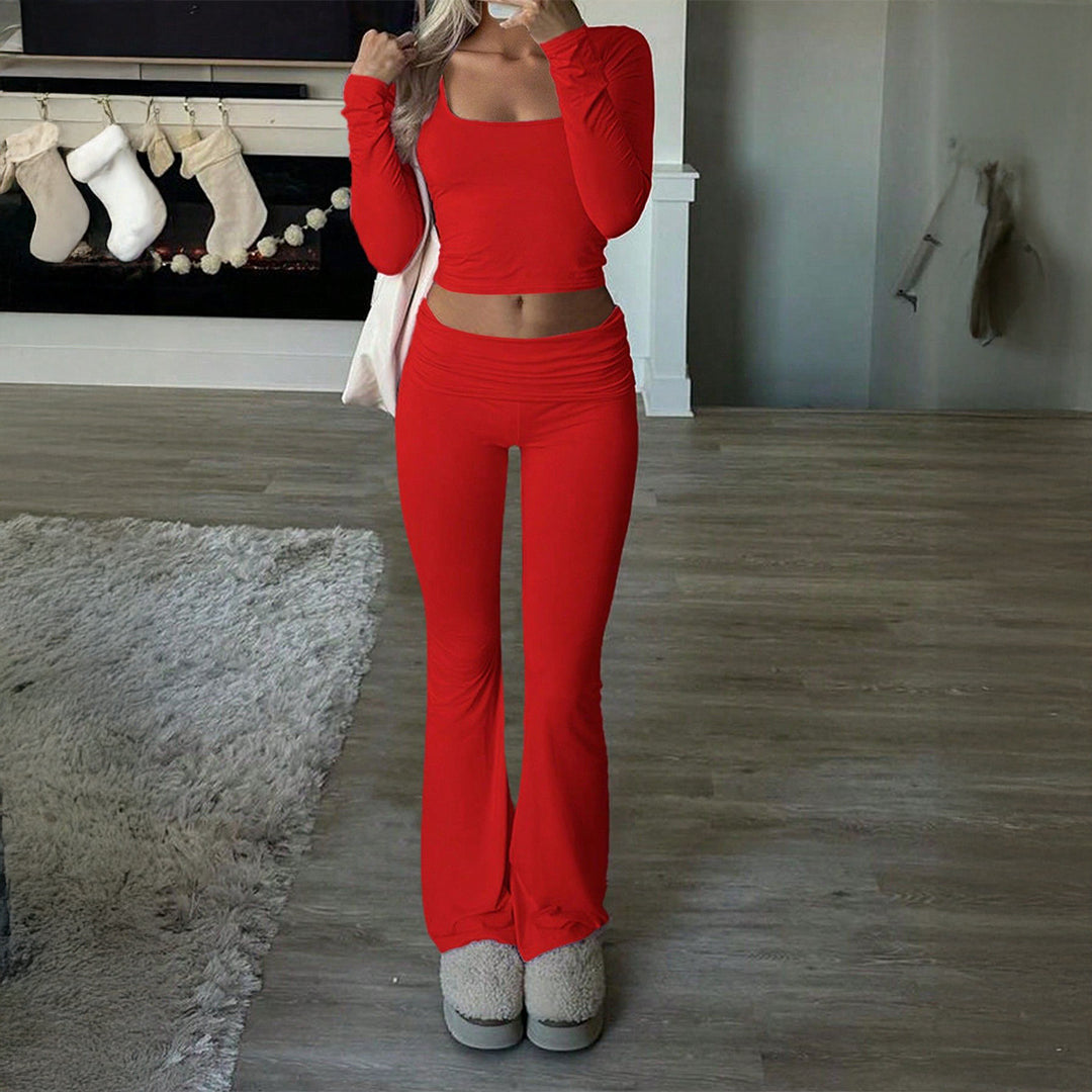Damen nan figurbetontes Cropped-Set mit langärmeligem Top mit quadratischem Ausschnitt und ausgestellter High‑Waist Yoga-Hose Shop Nory
