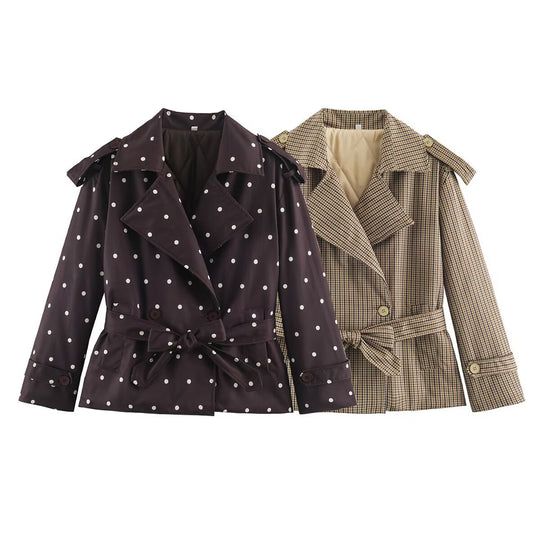 Damen Kurztrenchjacke im Karo-Look mit Taillengurt, Schulterriegeln und gesteppter Innenfütterung Shop Nory