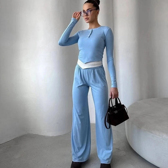 Damen Loungewear-Set aus weichem Modal mit Henley-Knopfleiste und weitem High-Waist Jogger Shop Nory