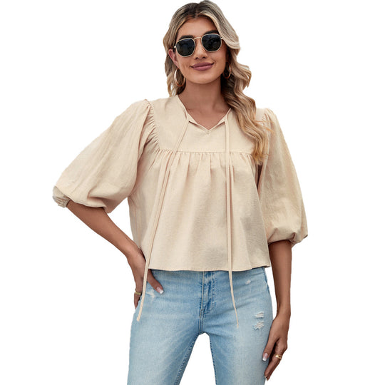 Damen lockere Babydoll-Bluse mit Schleifenkragen und 3/4-Volumenärmeln Shop Nory