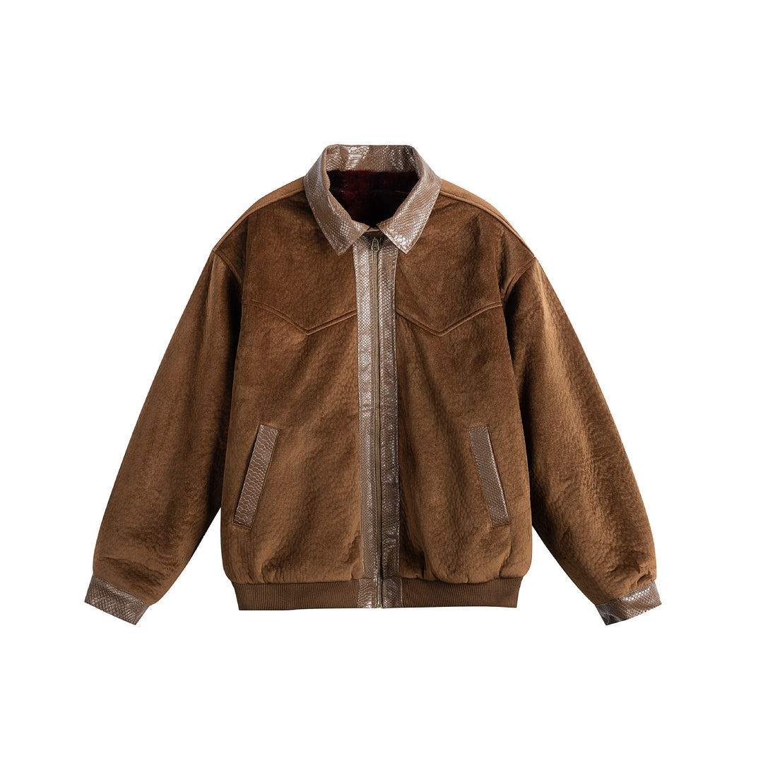 Unisex Oversize Blousonjacke aus Velours‑Suede mit Reptilprägung‑Besatz und wärmender Teddyungfutter Shop Nory