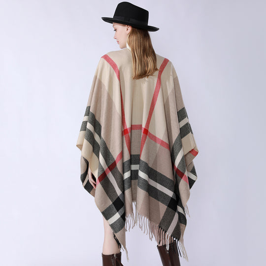 Damen Oversize-Poncho im Kaschmir‑Touch mit V‑Ausschnitt und Fransensaum Shop Nory