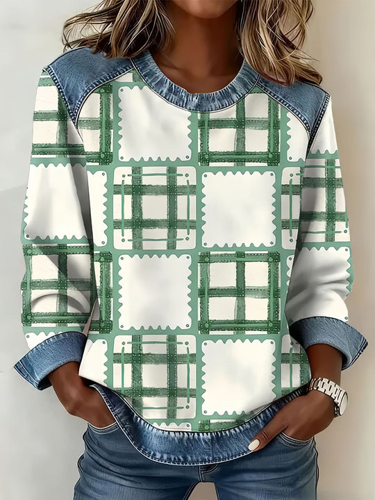 Damen Modischer Sweatshirt mit Karomuster und Denim-Details