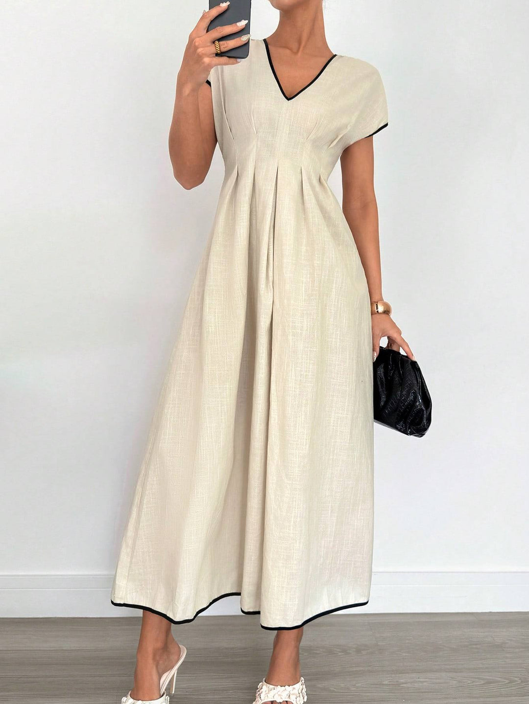 Damen Fließendes Maxikleid mit V-Ausschnitt und schwingendem Rock Shopnory