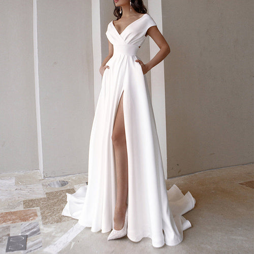 Damen elegantes Maxikleid mit tiefem V-Ausschnitt und seitlichem Schlitz