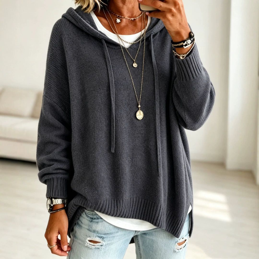 Damen Oversize Kapuzenpullover aus weichem Feinstrick mit Zier‑V‑Ausschnitt Shop Nory
