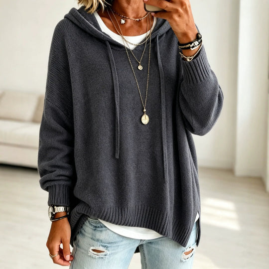 Damen Oversize Kapuzenpullover aus weichem Feinstrick mit Zier‑V‑Ausschnitt Shop Nory