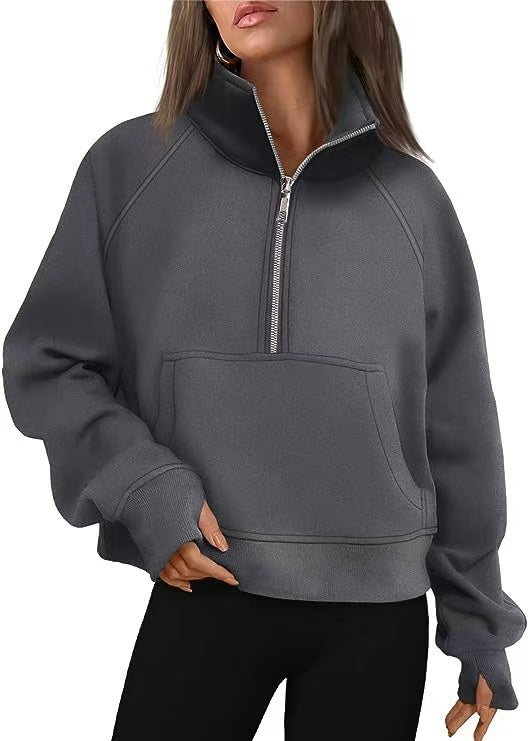 Damen nan oversized Sweatshirt mit halbem Reißverschluss Kängurutasche und Daumenlöchern Shop Nory