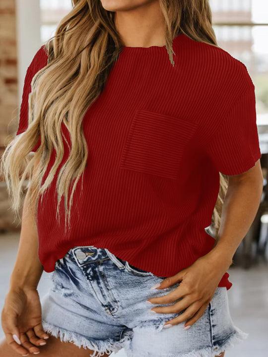 Damen Rippstrick-Kurzarmshirt mit Brusttasche und lockerem Schnitt Shop Nory