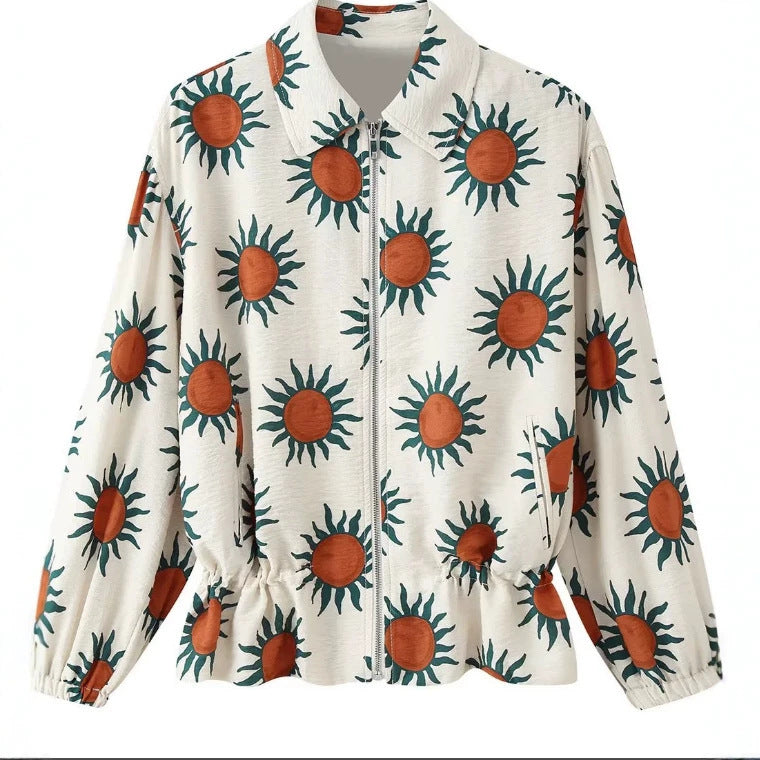 Damen Bedruckte Bomberjacke mit Reißverschluss, Hemdkragen und Taillen-Tunnelzug Shop Nory