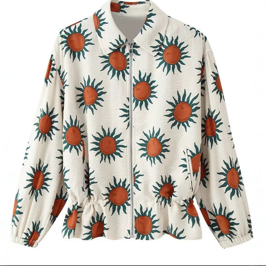 Damen Bedruckte Bomberjacke mit Reißverschluss, Hemdkragen und Taillen-Tunnelzug Shop Nory