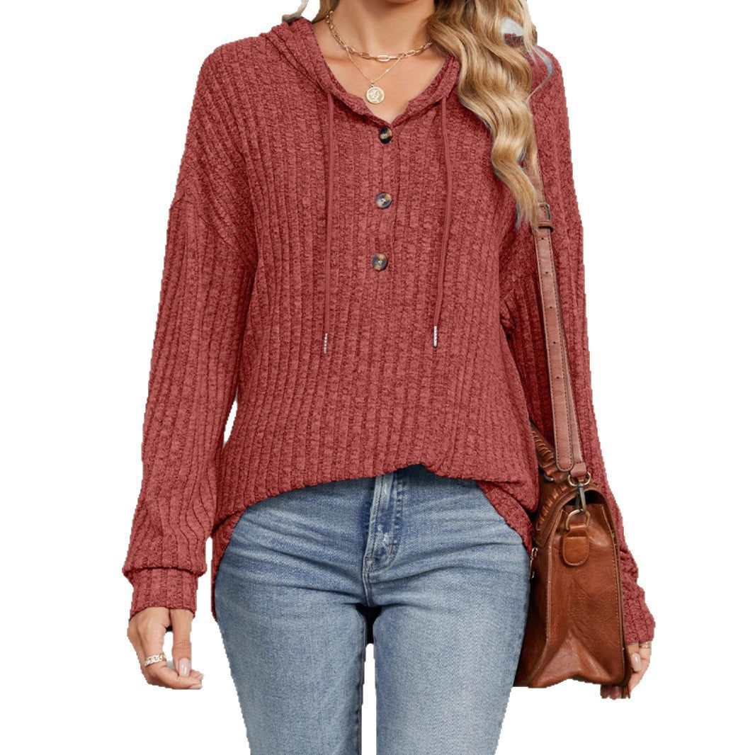 Damen Gerippter Kapuzenpullover mit halber Knopfleiste und Kordelzug Shop Nory