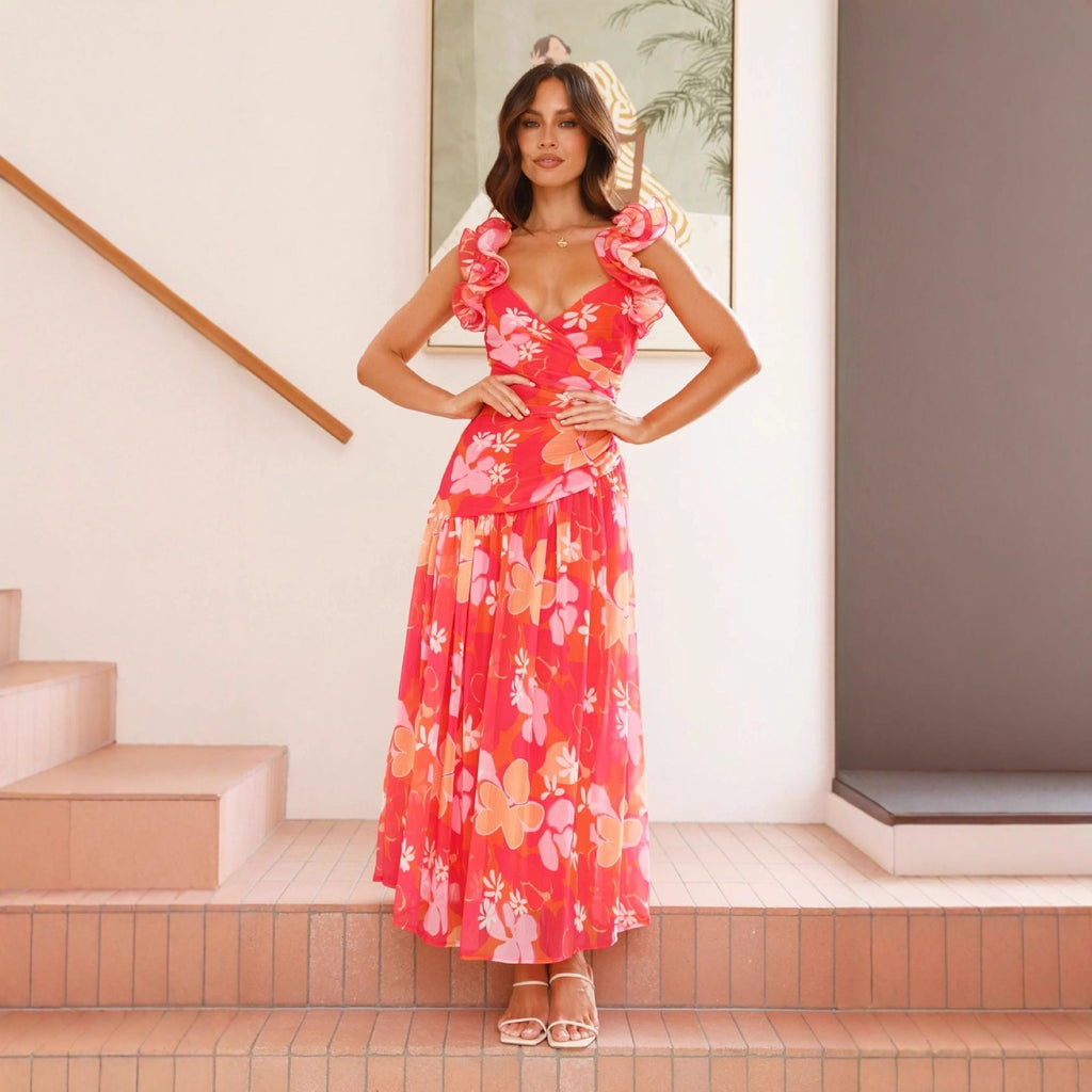 Damen Maxikleid mit eleganten Rüschen und figurbetontem Schnitt