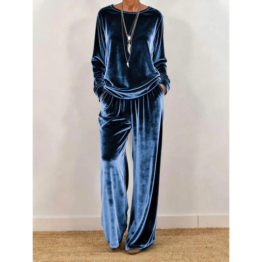 Damen Samt-Loungewear-Set mit weitem Bein, elastischem Bund und Rundhalsausschnitt Shop Nory