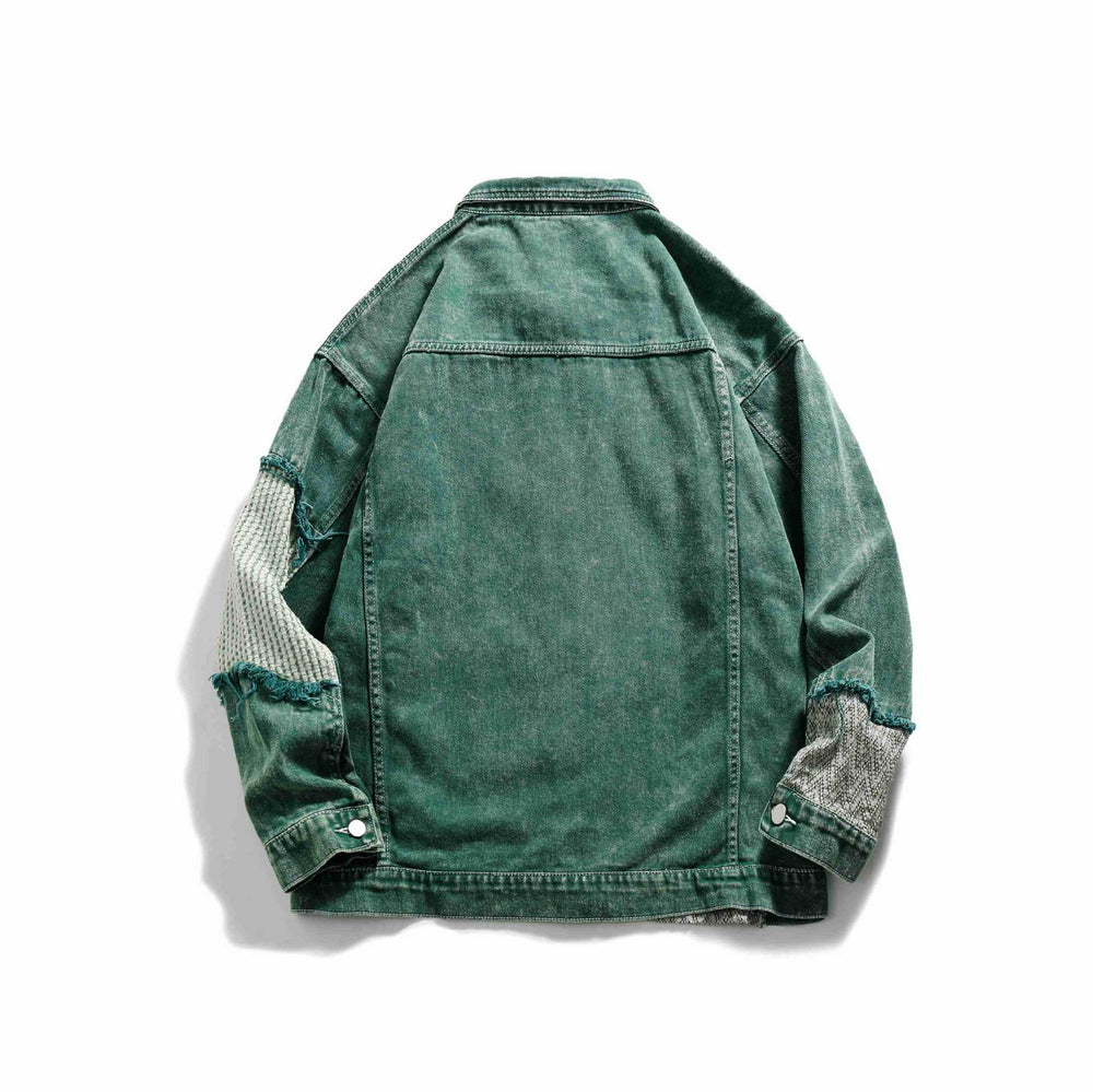Unisex Patchwork-Jeansjacke mit Strickeinsätzen und ausgefransten Kanten Shop Nory