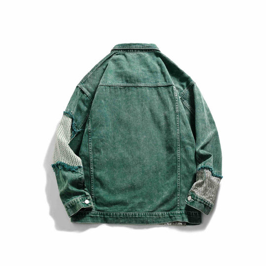 Unisex Patchwork-Jeansjacke mit Strickeinsätzen und ausgefransten Kanten Shop Nory