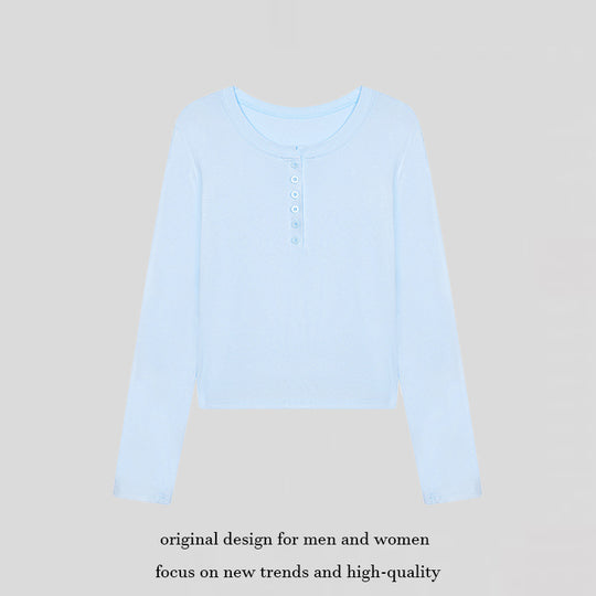 Damen Kurz geschnittenes Henley Langarmshirt aus Baumwolljersey mit Knopfleiste Shop Nory