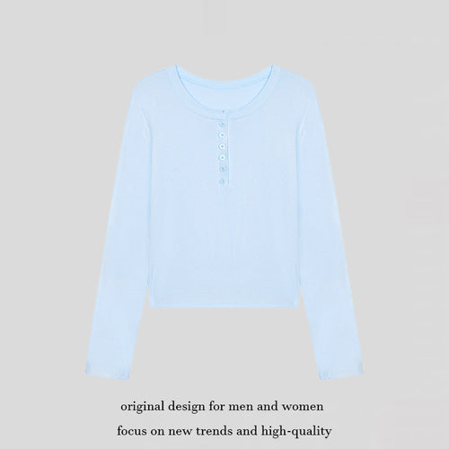 Damen Kurz geschnittenes Henley Langarmshirt aus Baumwolljersey mit Knopfleiste Shop Nory