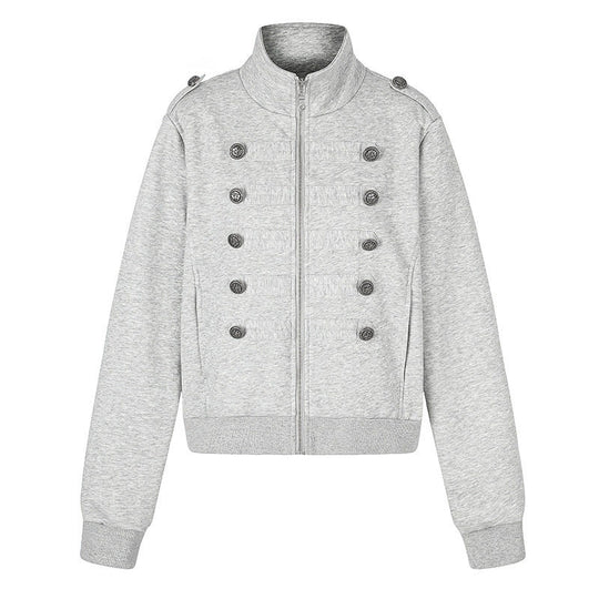 Damen kurze Sweatjacke mit Stehkragen, Doppelknopf-Detail und Reißverschluss Shop Nory