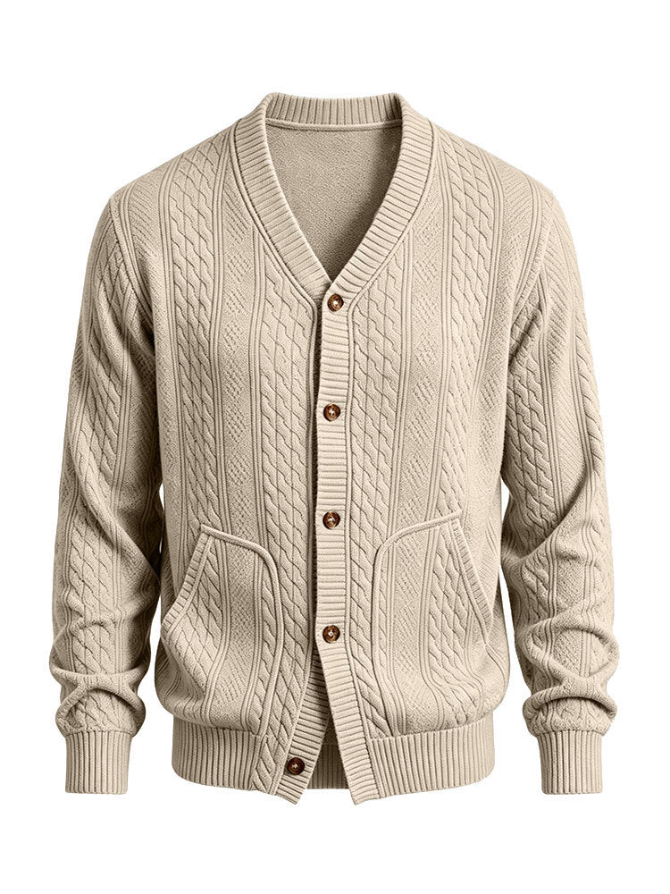 Herren Gestrickte Strickjacke mit Zopfmuster, V‑Ausschnitt und aufgesetzten Taschen Shop Nory