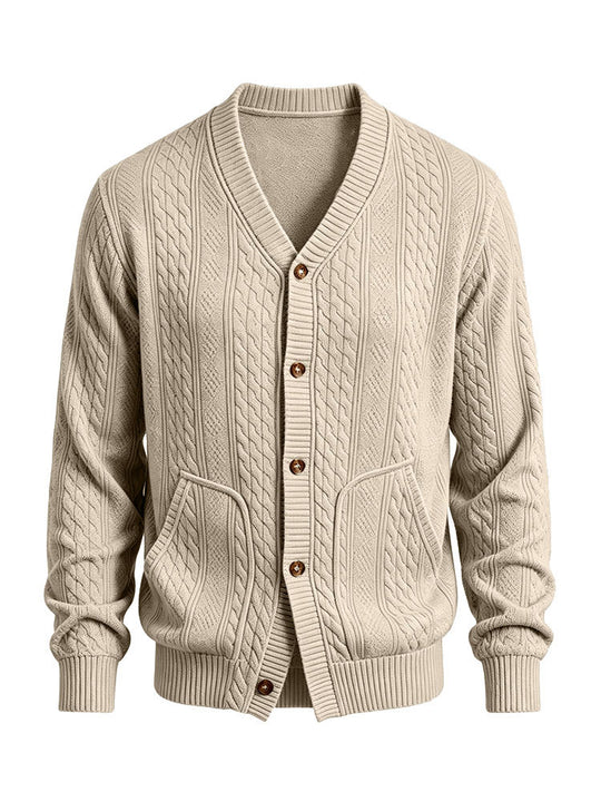 Herren Gestrickte Strickjacke mit Zopfmuster, V‑Ausschnitt und aufgesetzten Taschen Shop Nory