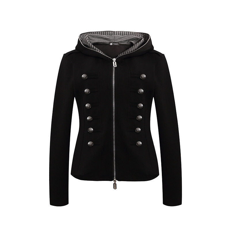 Damen taillierte Kapuzen‑Sweatjacke mit dekorischer Doppelreihe und Metallknöpfen Shop Nory