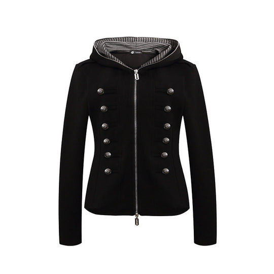 Damen taillierte Kapuzen‑Sweatjacke mit dekorischer Doppelreihe und Metallknöpfen Shop Nory