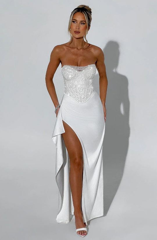 Damen Hochgeschlossenes Abendkleid mit transparentem Oberteil und seitlichem Schlitz
