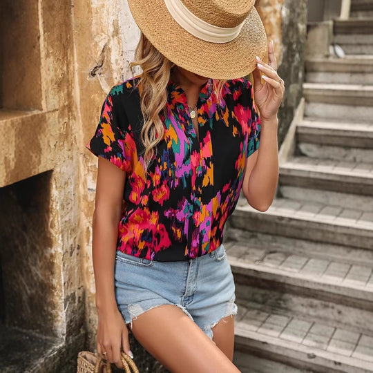Damen Leichte Oversize Tunika‑Bluse mit Stehkragen, Cap‑Ärmeln und großem Blumenprint Shop Nory