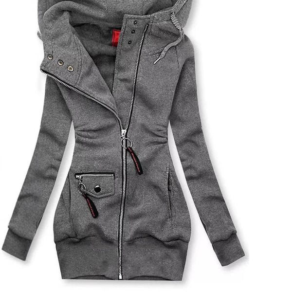 Damen Lange Kapuzenjacke mit asymmetrischem Reißverschluss und Zip‑Tasche Shop Nory
