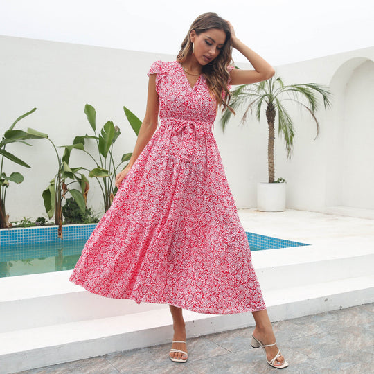 Damen Maxikleid mit floralem Muster und Taillengürtel