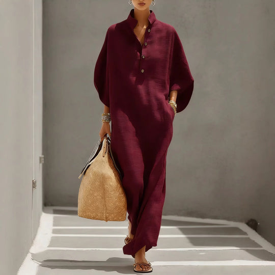 Damen Weites Kaftan-Midikleid mit Stehkragen und 3-Knopf-Blende Shop Nory