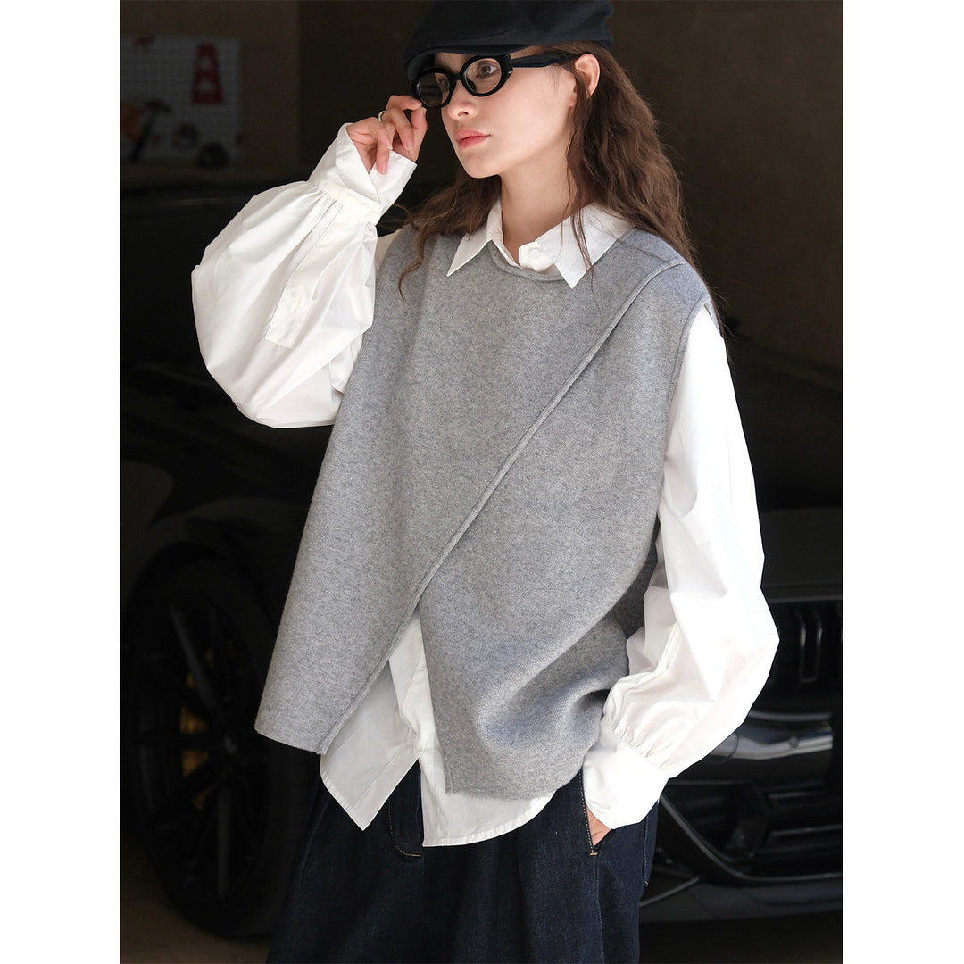 Damen Asymmetrische Strickweste mit drapiertem Vorderteil und Rundhals Shop Nory