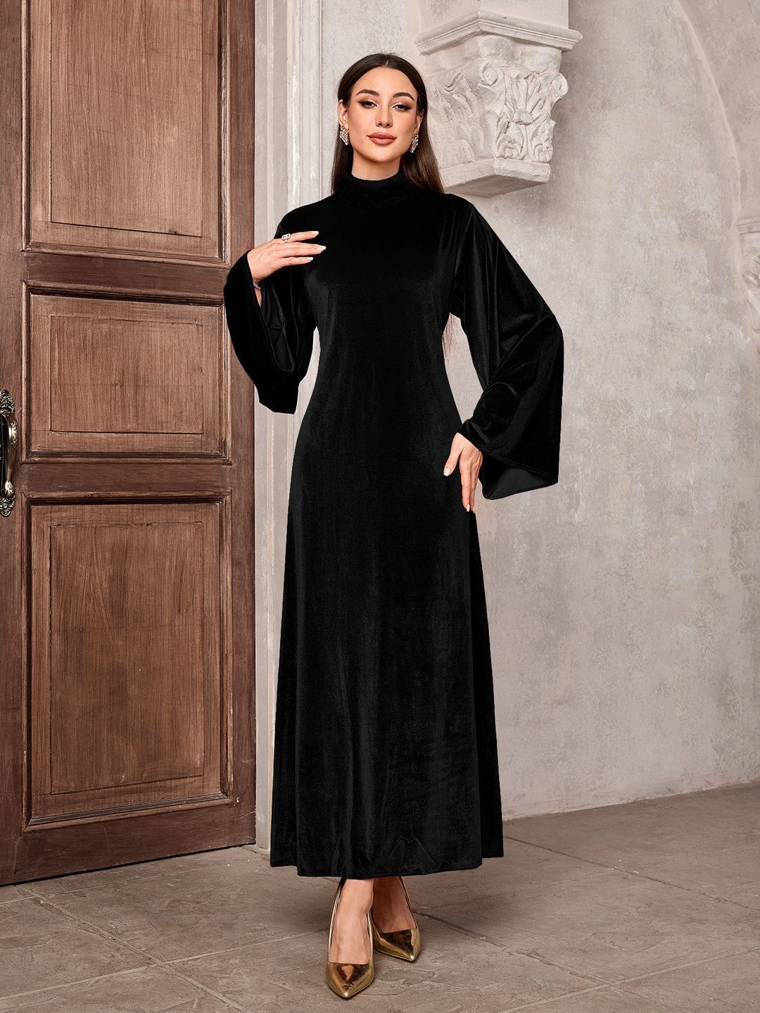 Damen Maxikleid aus Samt mit Stehkragen und Glockenärmeln Shop Nory