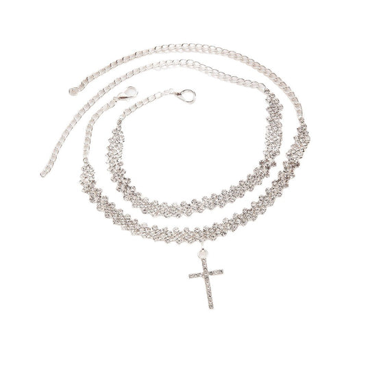 Mehrlagiger Kristallchoker mit Funkelndem Kreuzanhänger und Verstellbarer Verlängerungskette