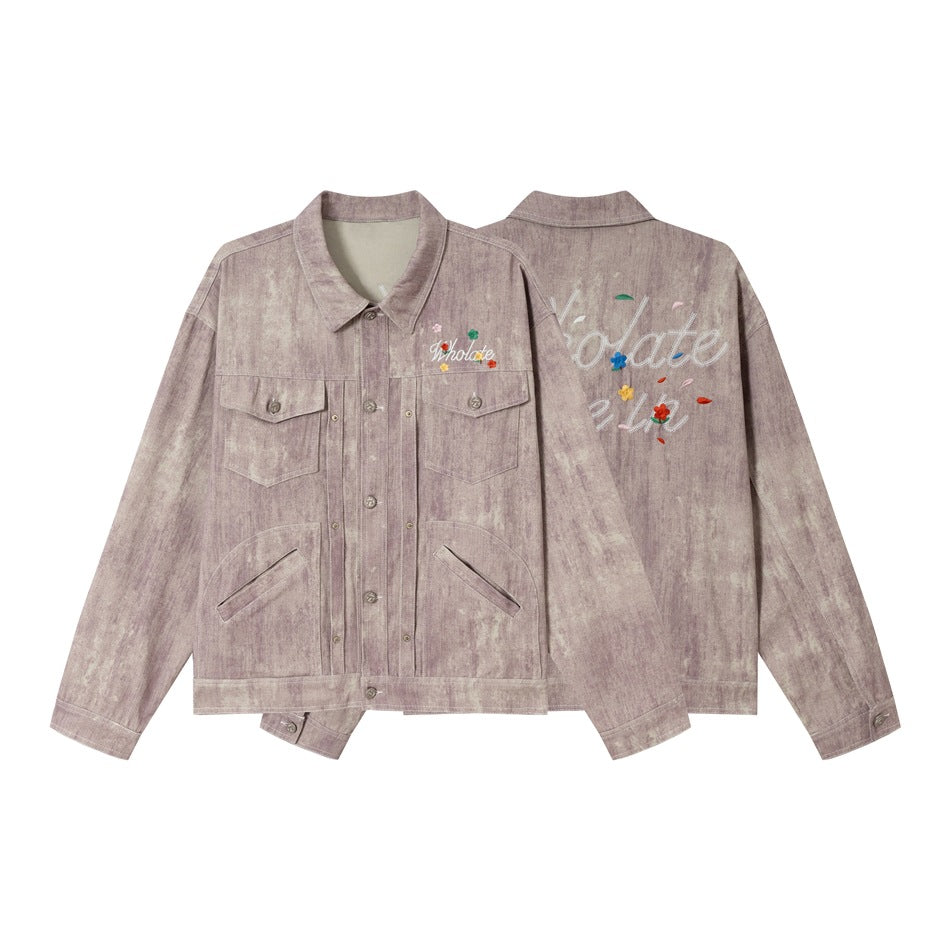 Unisex Boxy-Jeansjacke mit Acid‑Wash‑Effekt, Pattentaschen und floraler Bruststickerei Shop Nory