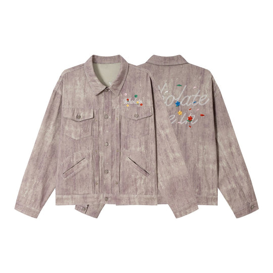 Unisex Boxy-Jeansjacke mit Acid‑Wash‑Effekt, Pattentaschen und floraler Bruststickerei Shop Nory
