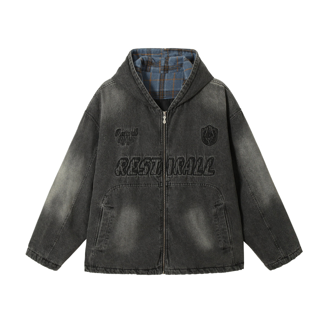 Herren Washed-Denim Kapuzenjacke im Oversize-Look mit kariert gefütterter Kapuze Shop Nory