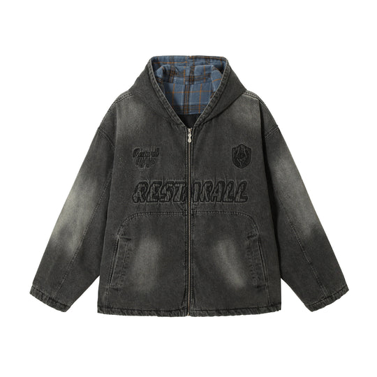 Herren Washed-Denim Kapuzenjacke im Oversize-Look mit kariert gefütterter Kapuze Shop Nory