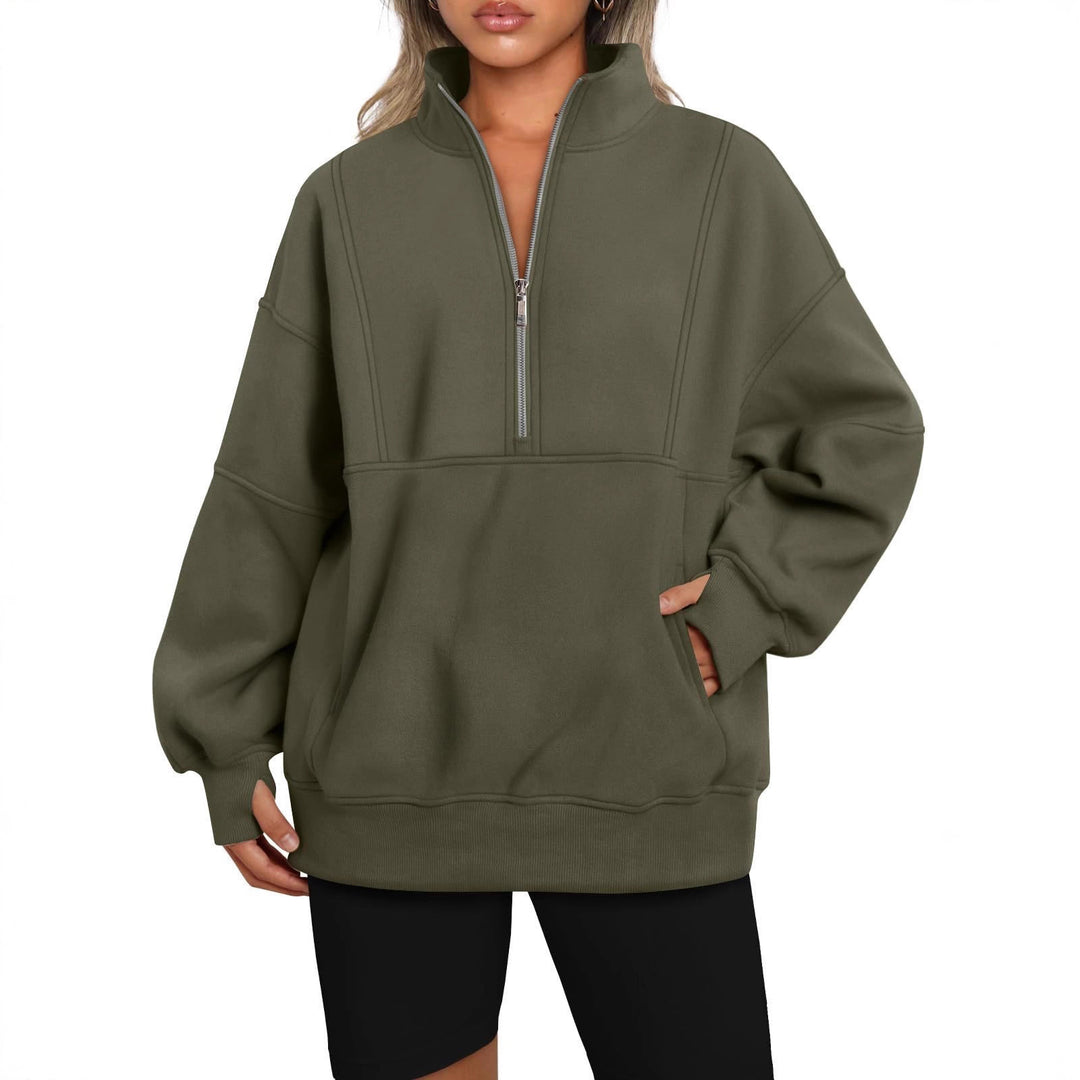 Damen Oversize-Sweatshirt mit halbem Reißverschluss, Stehkragen und Kängurutasche Shop Nory