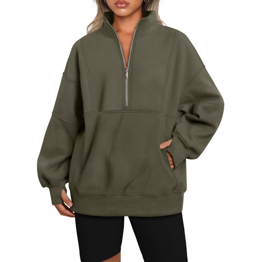 Damen Oversize-Sweatshirt mit halbem Reißverschluss, Stehkragen und Kängurutasche Shop Nory