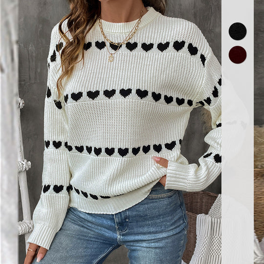 Damen Strickpullover mit Herz-Jacquard, Oversize-Rundhals & Rippbündchen Shop Nory