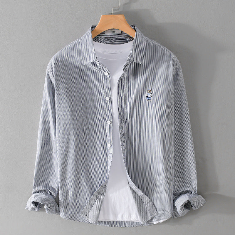 Herren Gestreiftes Baumwollhemd mit feiner Stickerei und relaxed Schnitt Shop Nory