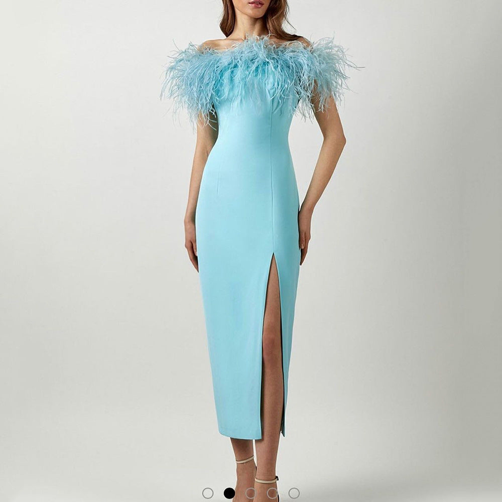 Damen Abendkleid mit federverziertem Oberteil und schlankem Schnitt