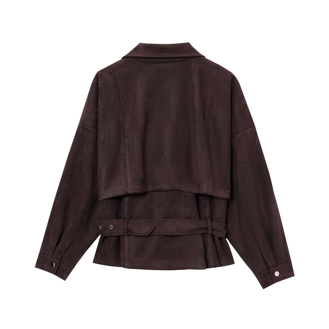 Damen Kurze Wildlederoptik-Trenchjacke mit Taillengürtel und Reißverschluss-Details Shop Nory