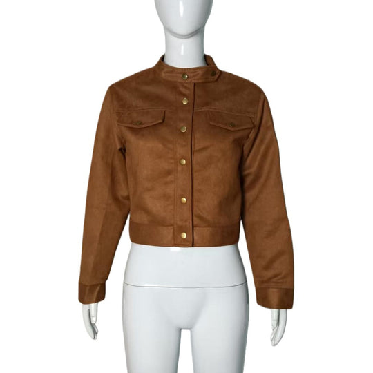 Damen Kurzjacke aus Wildlederoptik mit Stehkragen und Druckknöpfen Shop Nory