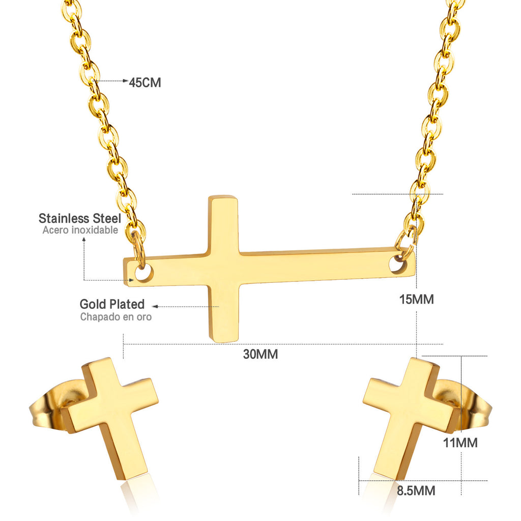 Damen Edelstahl Kreuz Schmuckset mit eleganter Halskette und passenden Ohrsteckern Shop Nory